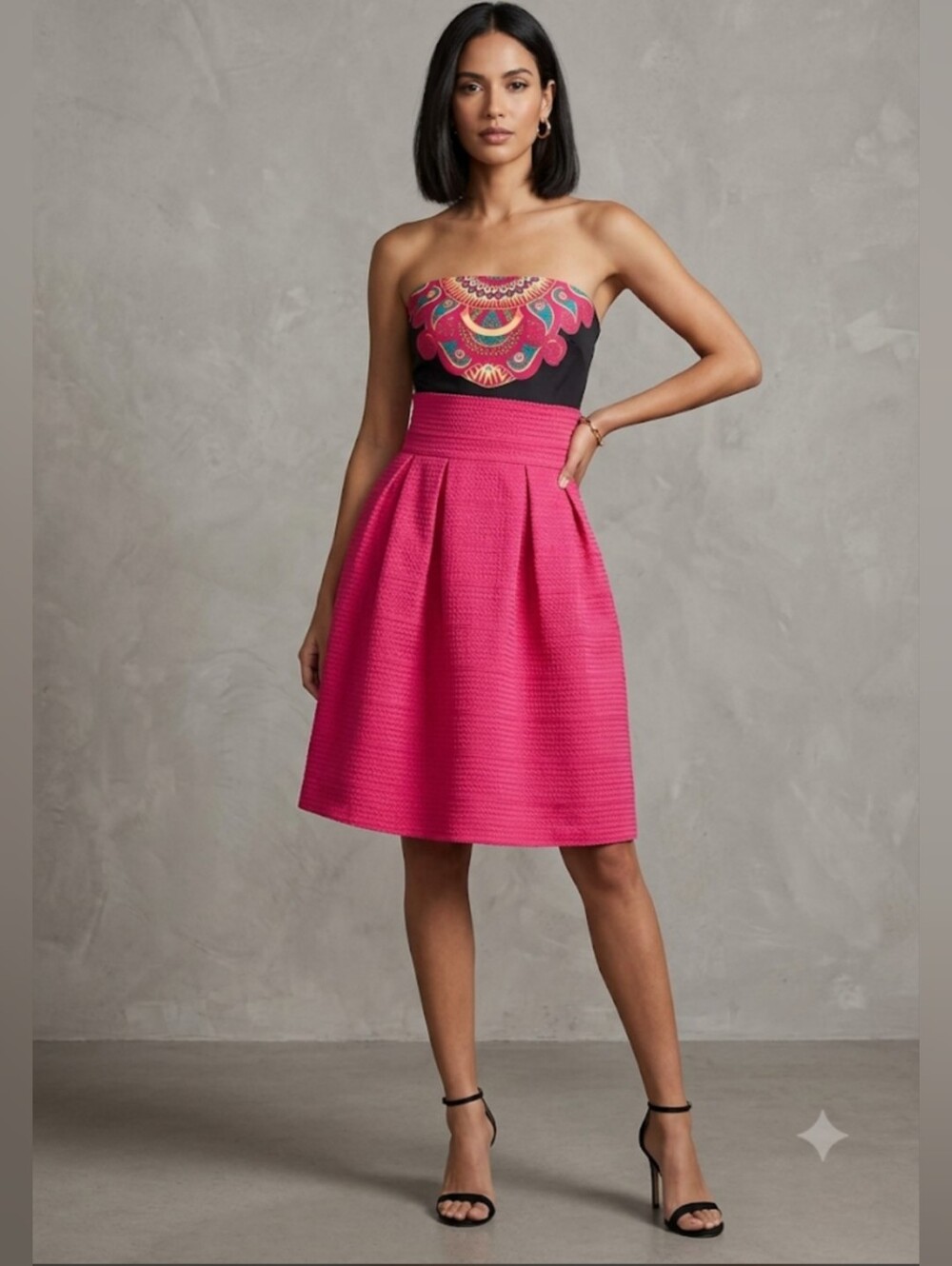 NYC Strapless Hot Pink Fit-and-Flare Dress with Printed Bodice